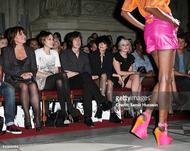 Lorraine Kelly, Alexa Chung, guest, Agyness Deyn and Victoria Hesketh watch the House of Holland fashion show at the Guildhall during London Fashion...