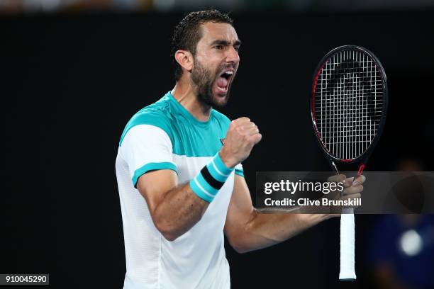 Marin Cilic of Croatia celebrates winning the second set in his semi-final match against Kyle Edmund of Great Britain on day 11 of the 2018...