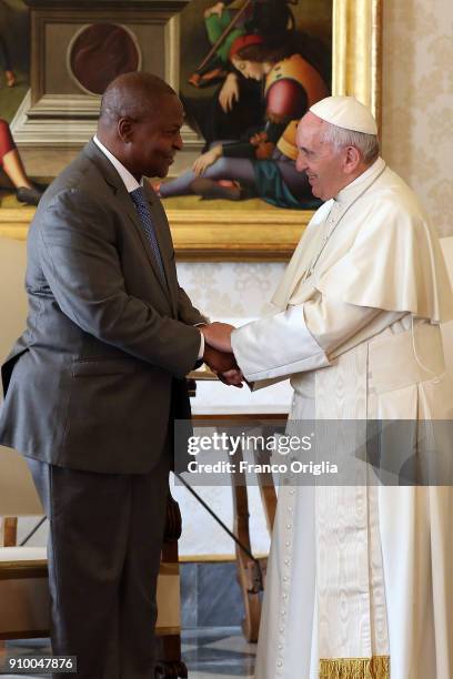 Pope Francis meets President of the Central African Republic Faustin Archange Touadera at the Apostolic Palace on January 25, 2018 in Vatican City,...