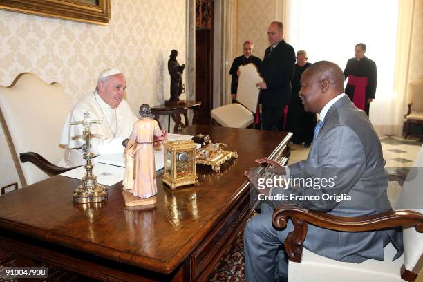 Pope Francis meets President of the Central African Republic Faustin Archange Touadera at the Apostolic Palace on January 25, 2018 in Vatican City,...