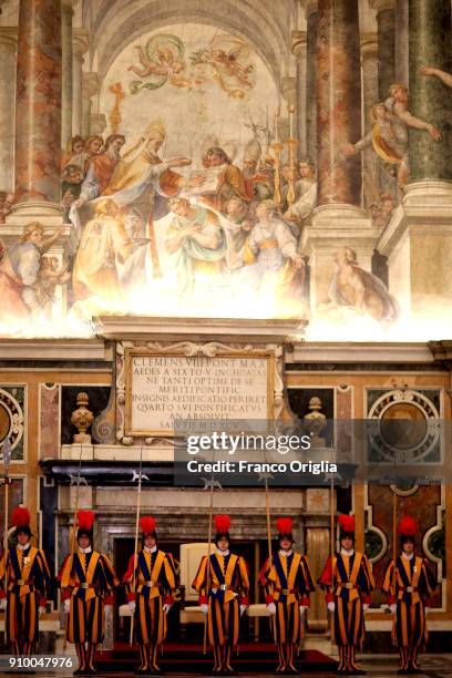 Swiss guards at the Clementina Hall of the Apostolic Palace during a meeting with Pope Francis and President of the Central African Republic Faustin...
