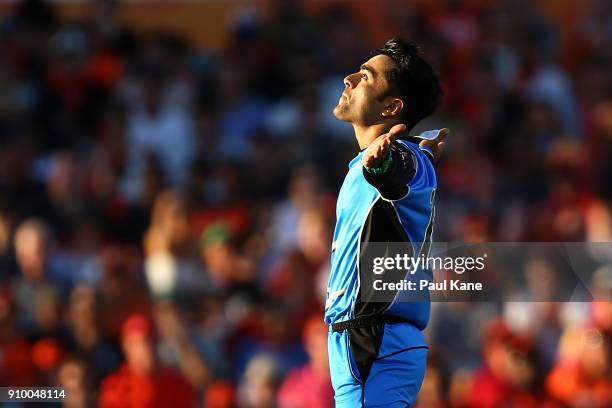 Rashid Khan of the Strikers celebrates the wicket of Hilton Cartwright of the Scorchers during the Big Bash League match between the Perth Scorchers...