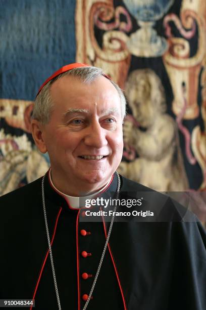 Vatican Secretary of State cardinal Pietro Parolin meets President of the Central African Republic Faustin Archange Touadera at the Apostolic Palace...