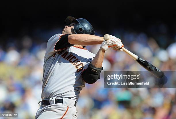 Freddy Sanchez of the San Francisco Giants bats against the Los Angeles Dodgers at Dodger Stadium on September 19, 2009 in Los Angeles, California....