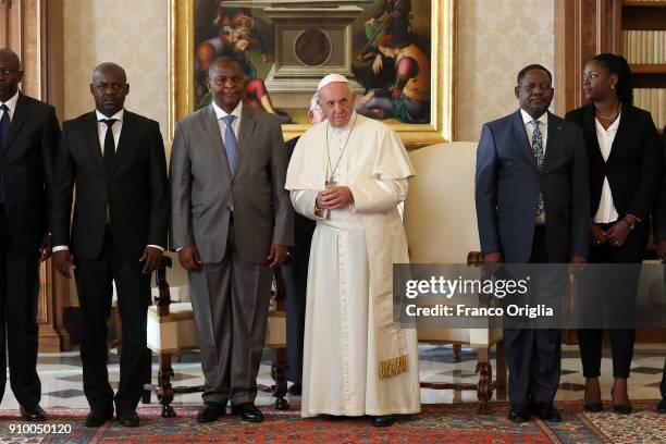 Pope Francis meets President of the Central African Republic Faustin Archange Touadera and his delegation at the Apostolic Palace on January 25, 2018...