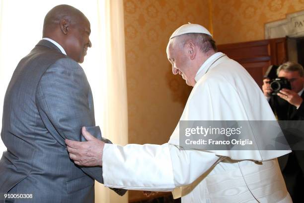 Pope Francis meets President of the Central African Republic Faustin Archange Touadera at the Apostolic Palace on January 25, 2018 in Vatican City,...