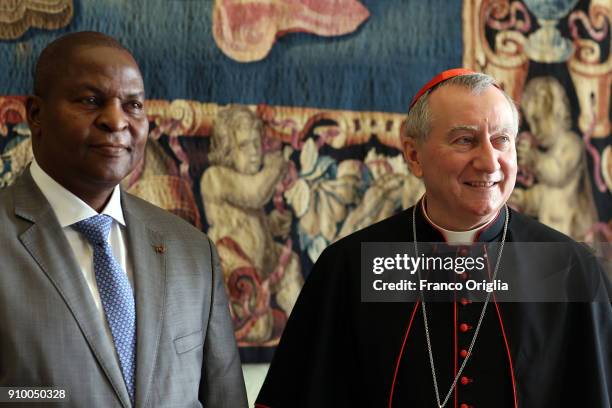 Vatican Secretary of State cardinal Pietro Parolin meets President of the Central African Republic Faustin Archange Touadera at the Apostolic Palace...