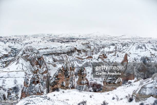 Fairy chimneys are seen after heavy snow in Cappadocia region of Nevsehir, Turkey on January 25, 2018.