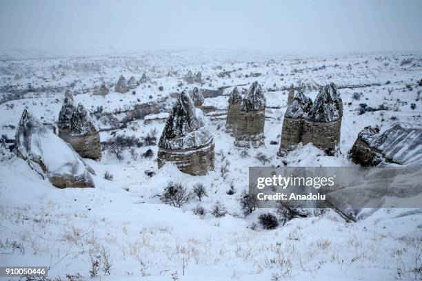 Fairy chimneys are seen after heavy snow in Cappadocia region of Nevsehir, Turkey on January 25, 2018.