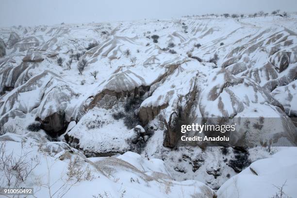 Fairy chimneys are seen after heavy snow in Cappadocia region of Nevsehir, Turkey on January 25, 2018.