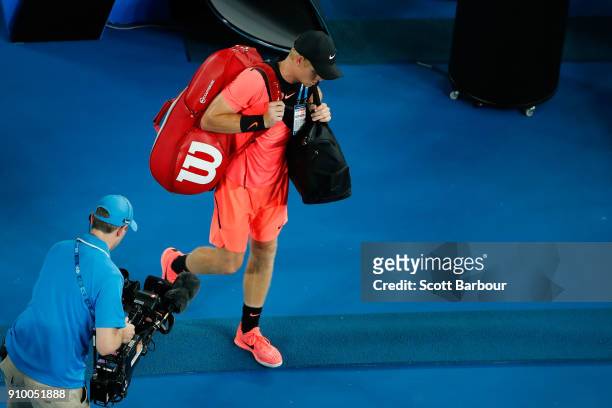 Kyle Edmund of Great Britain walks off the court after losing his semi-final match against Marin Cilic of Croatia on day 11 of the 2018 Australian...