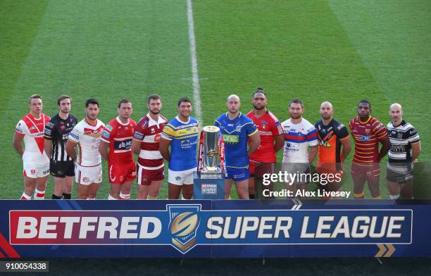 Jonny Lomax of St Helens, Joe Mellor of Widnes Vikings, Ben Garcia of Catalans Dragons, Shaun Lunt of Hull KR, Sean OLoughlin of Wigan Warriors,...