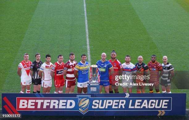 Jonny Lomax of St Helens, Joe Mellor of Widnes Vikings, Ben Garcia of Catalans Dragons, Shaun Lunt of Hull KR, Sean OLoughlin of Wigan Warriors,...