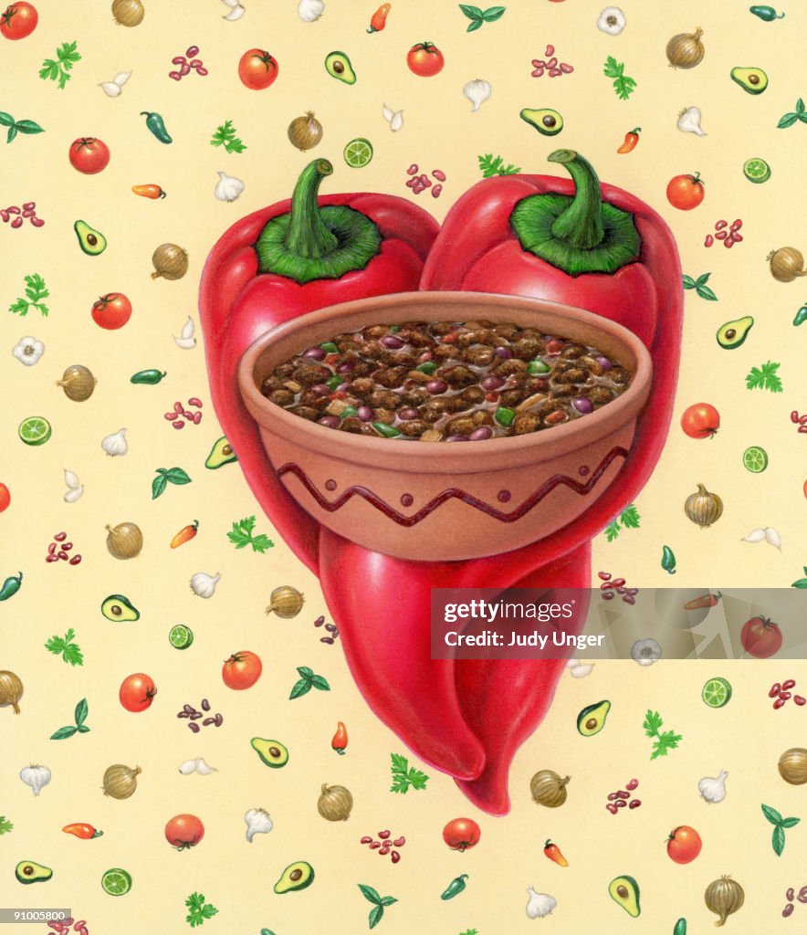 Backdrop of peppers by bowl of chili