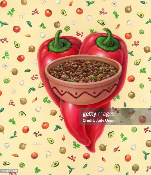 backdrop of peppers by bowl of chili - tex mex stock illustrations