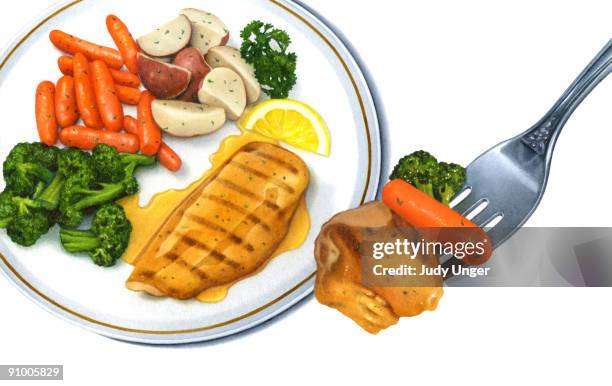 chicken entree with vegetables - geflügelfleisch stock-grafiken, -clipart, -cartoons und -symbole
