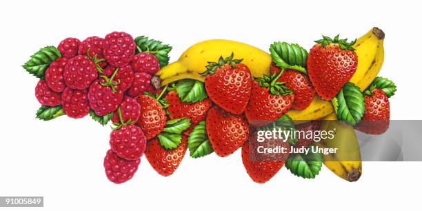 fresh bananas and berries - raspberry stock illustrations