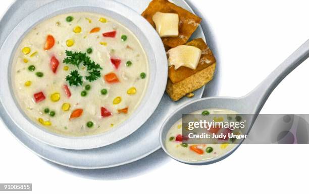 cream of vegetable soup with cornbread - corn bread stock illustrations