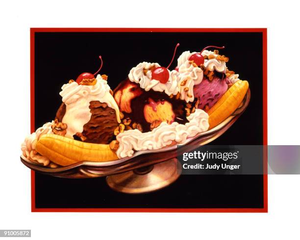 stockillustraties, clipart, cartoons en iconen met banana split - chocoladesaus