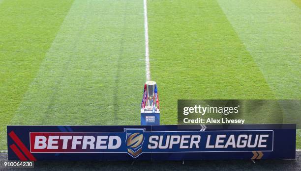 The Super League trophy is seen prior to the Super League 2018 Season Launch the at John Smith's Stadium on January 25, 2018 in Huddersfield, England.