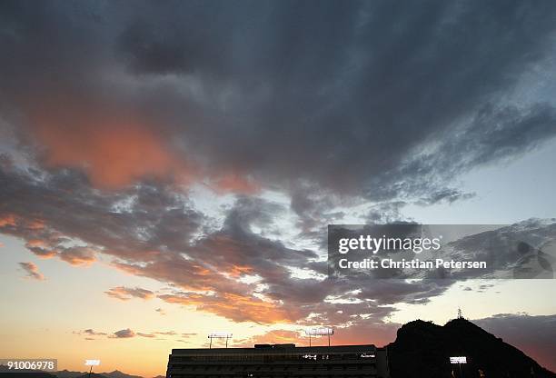 General view of the sunset over Sun Devil Stadium before the college football game between the Arizona State Sun Devils and the Louisiana Monroe...