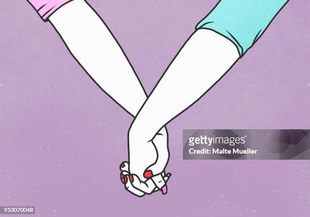 illustrazioni stock, clip art, cartoni animati e icone di tendenza di cropped hands of lesbian couple holding hands against purple background - amicizia