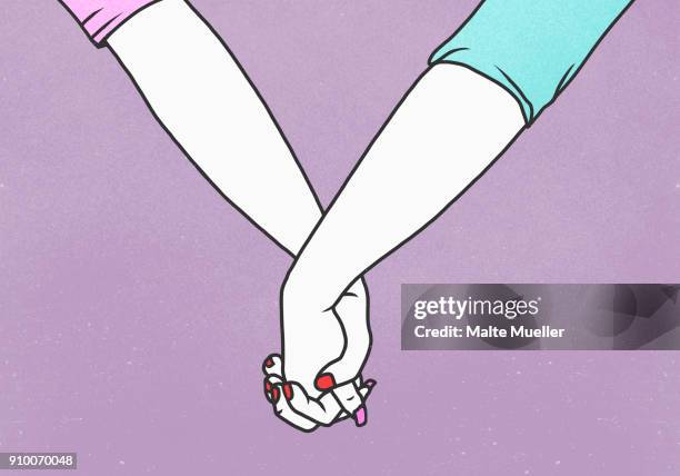 ilustrações, clipart, desenhos animados e ícones de cropped hands of lesbian couple holding hands against purple background - amizade