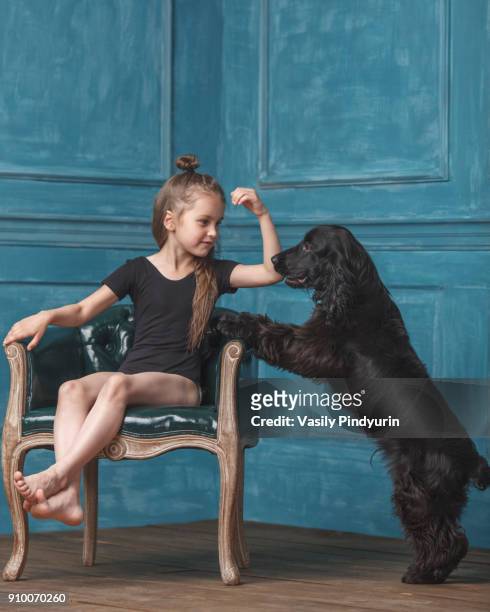 full length of girl sitting on antique chair while looking at dog rearing up at home - fauteuil antique stock-fotos und bilder