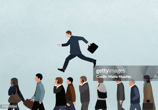illustration of businessman jumping over people against blue background - top priority stock pictures, royalty-free photos & images