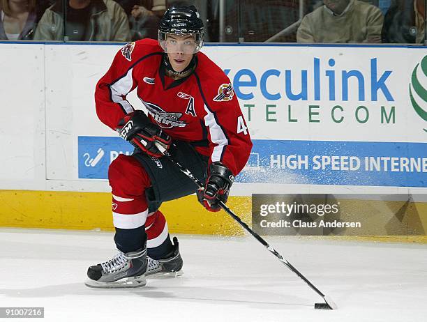 Taylor Hall of the Windsor Spitfires gets set to make a pass in a game against the London Knights on September 18, 2009 at the John Labatt Centre in...