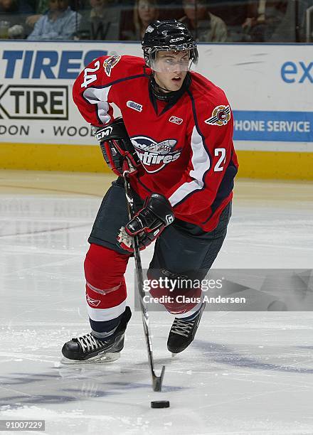 Cam Fowler of the Windsor Spitfires skates with the puck in a game against the London Knights on September 18, 2009 at the John Labatt Centre in...