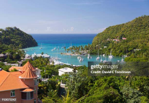view over the sheltered harbour from verdant hillside above the village, marigot bay, st lucia - antilles occidentales photos et images de collection