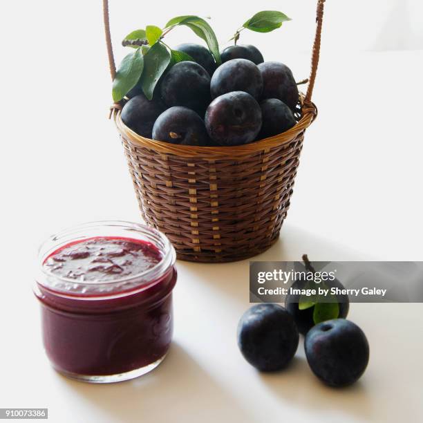 purple plums and plum butter - sherry yard stock pictures, royalty-free photos & images