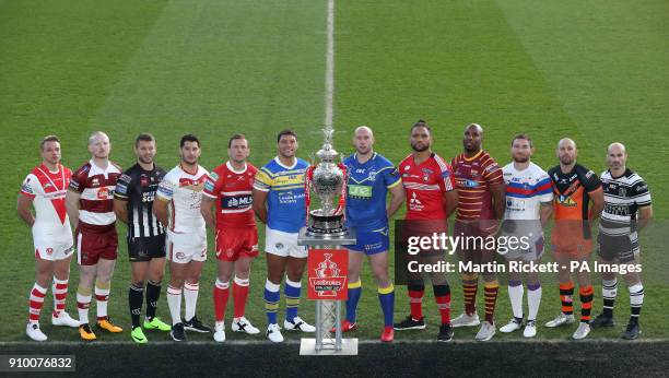 Players pose with the Challenge Cup trophy St helens Jonny Lomax, Wigan Warriors Liam Farrell Widnes Vikings Rhys Hanbury, Catalans Dragons Ben...