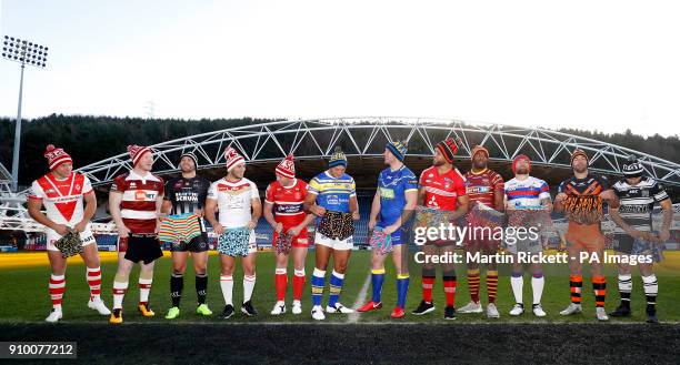 Players pose with sponsors hats and boxer shorts St helens Jonny Lomax, Wigan Warriors Liam Farrell Widnes Vikings Rhys Hanbury, Catalans Dragons Ben...