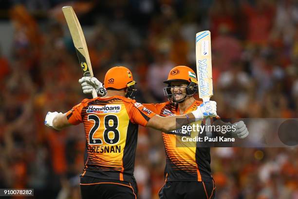 Adam Voges and Tim Bresnan of the Scorchers celebrate winning the Big Bash League match between the Perth Scorchers and the Adelaide Strikers at WACA...