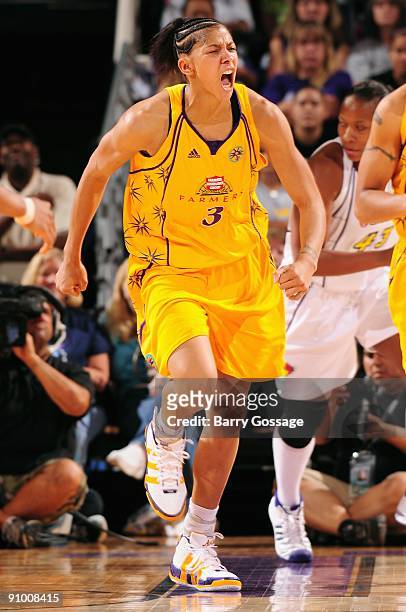 Candace Parker of the Los Angeles Sparks celebrates a play against the Phoenix Mercury during the WNBA game on September 13, 2009 at US Airways...