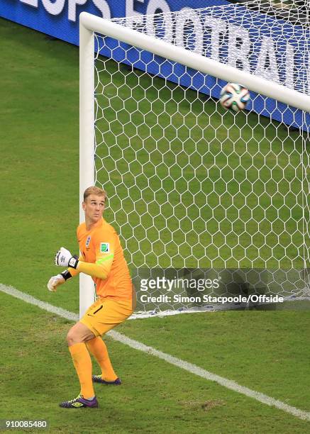 14th June 2014 - FIFA World Cup - Group D - England v Italy - England goalkeeper Joe Hart watches as the ball hits the crossbar .