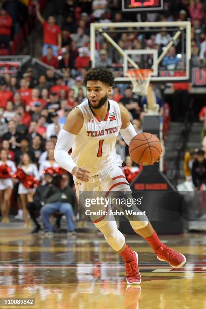 Brandone Francis of the Texas Tech Red Raiders handles the ball during the game against the Oklahoma State Cowboys on January 23, 2018 at United...