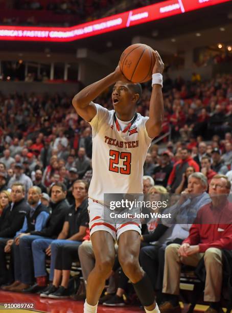 Jarrett Culver of the Texas Tech Red Raiders shoots the ball during the game between the Texas Tech Red Raiders and the Oklahoma State Cowboys on...