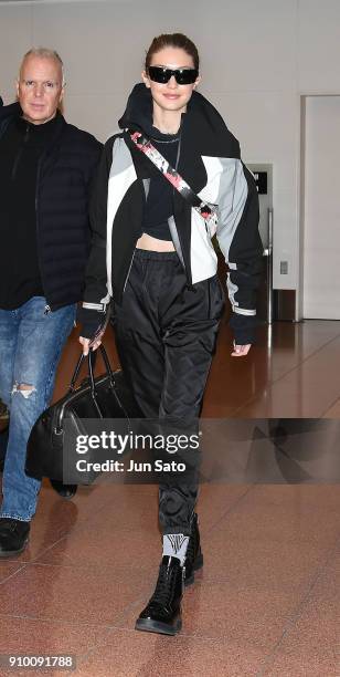 Gigi Hadid is seen upon arrival at Haneda Airport on January 25, 2018 in Tokyo, Japan.