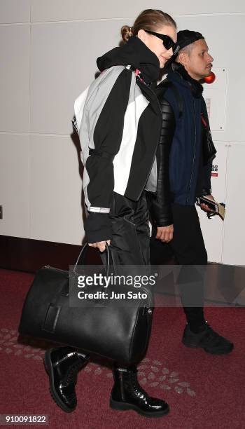 Gigi Hadid is seen upon arrival at Haneda Airport on January 25, 2018 in Tokyo, Japan.