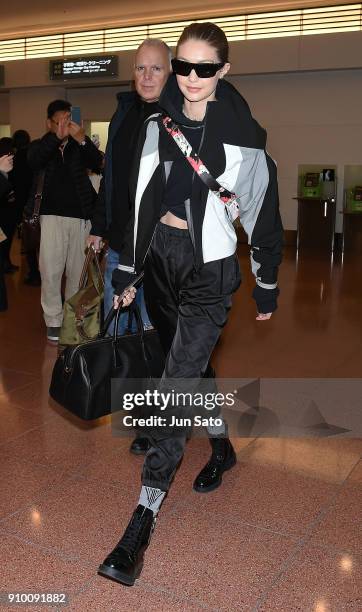 Gigi Hadid is seen upon arrival at Haneda Airport on January 25, 2018 in Tokyo, Japan.