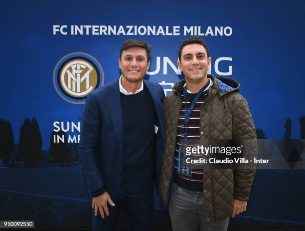 Vice President FC Internazionale Javier Zanetti and Giorgio Tavecchio, kicker of Oakland Raiders, attend the FC Internazionale training session at...