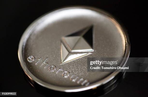 Brass ethereum virtual currency medal produced by Sakamoto Metal is seen at the company's workshop on January 25, 2018 in Tokyo, Japan. Sakamoto...