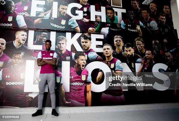 New signing Axel Tuanzebe of Aston Villa poses for a picture at the club's training ground at Bodymoor Heath on January 25, 2018 in Birmingham,...