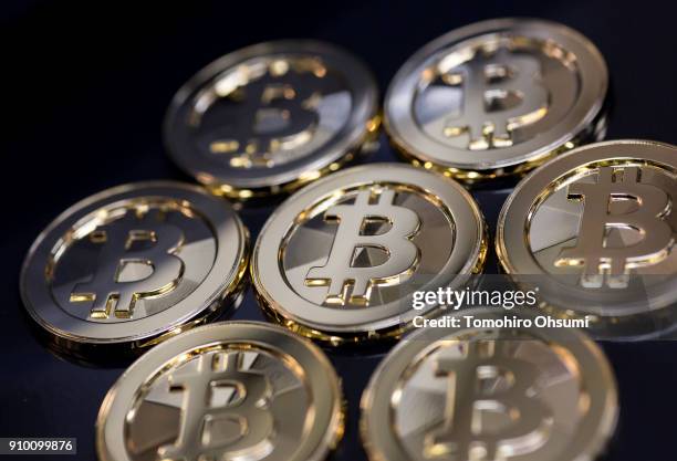 Brass bitcoin medals produced by Sakamoto Metal are seen at the company's workshop on January 25, 2018 in Tokyo, Japan. Sakamoto Metal, a custom...