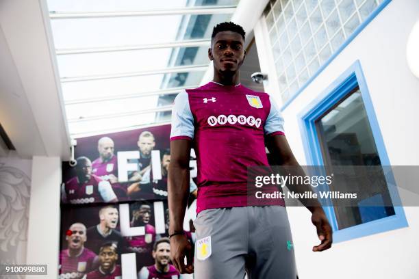 New signing Axel Tuanzebe of Aston Villa poses for a picture at the club's training ground at Bodymoor Heath on January 25, 2018 in Birmingham,...