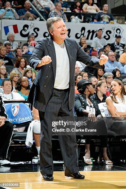 Head coach Dan Hughes of the San Antonio Silver Stars reacts during the WNBA game against the Seattle Storm on September 12, 2009 at the AT&T Center...