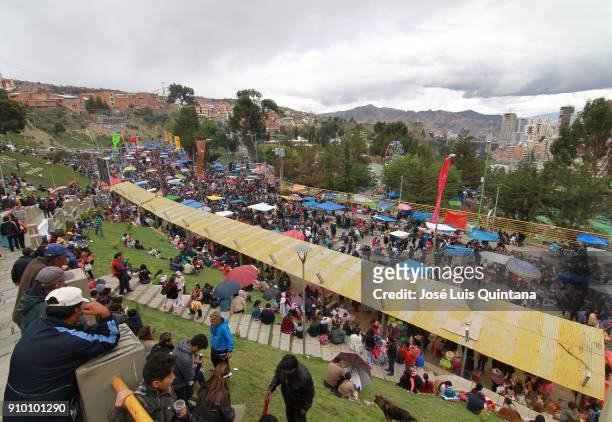 Hundreds of people participate in the Alasitas festival on January 24, 2018 in La Paz, Bolivia. Alasitas festival, which means "buy me", is an Aymara...
